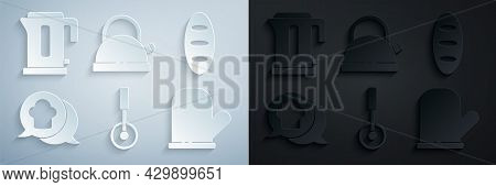 Set Pizza Knife, Bread Loaf, Chef Hat In Speech Bubble, Oven Glove, Kettle With Handle And Electric 