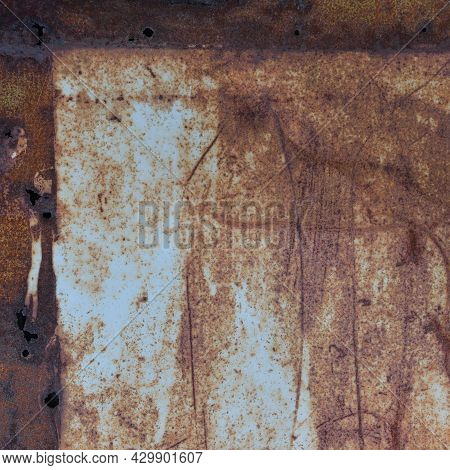 Old Light Blue Painted Grey Rusty Rustic Rust Iron Metal Frame Background Texture, Vertical Aged Dam