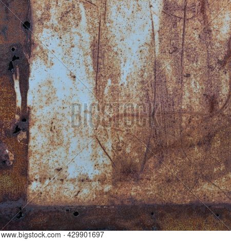 Old Light Blue Painted Grey Rusty Rustic Rust Iron Metal Frame Background Texture, Vertical Aged Dam