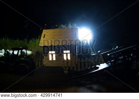Full Moon Over Quiet Village At Night. Beautiful Night Landscape Of Mountain Village Under The Moonl