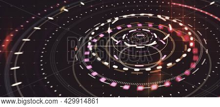Glowing Round Digital Red Interface On Dark Grid Backdrop. Hud, Innovation, Digital Transformation A
