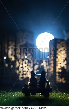 Cartoon Style City Buildings. Realistic City Building Miniatures With Lights. Background.
