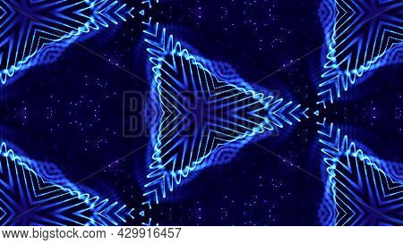 Blue Motion Design Background With Symmetrical Floral Pattern. Triangular Structure. Abstract Sci-fi