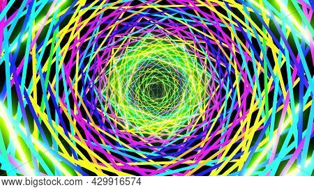 3d Render. Abstract Geometric Bg With Rings Form Complex Twisted Spiral And Light Effects. Rings Fla