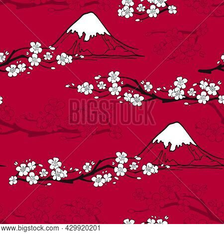 Japanese Seamless Pattern With Sakura Blossoms And Fuji Mountains Vector Illustration