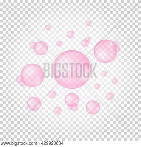 Floating Pink Bubbles On Transparent Background. Cherry Or Strawberry Gum. Fizzy Carbonated Water Te