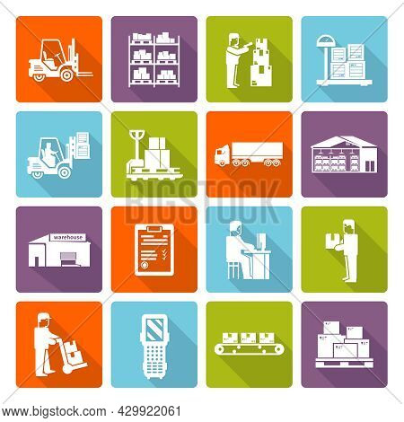 Warehouse Flat Long Shadow Icons Set With Shipment And Delivery Symbols Isolated Vector Illustration