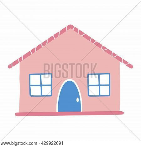 Small Pink House In Cartoon Style. Vector Sticker.