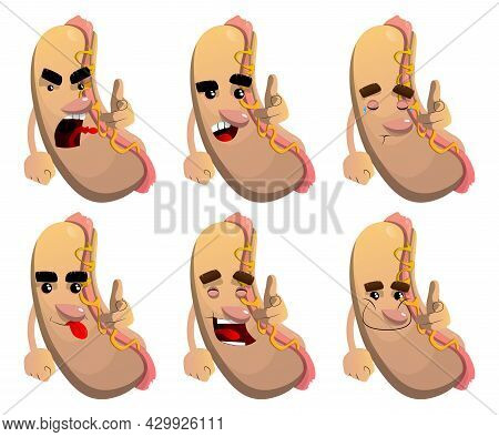 Hot Dog Pointing At The Viewer With His Hand. American Fast Food As A Cartoon Character With Face.