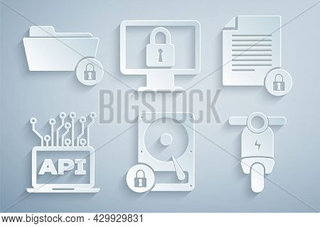 Set Hard Disk Drive And Lock, Document, Computer Api Interface, Electric Scooter, Lock On Monitor An