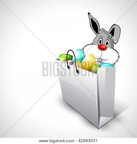 Šťastné Velikonoce pozadí s zajíček a velikonoční eggsin Nákupní taška.