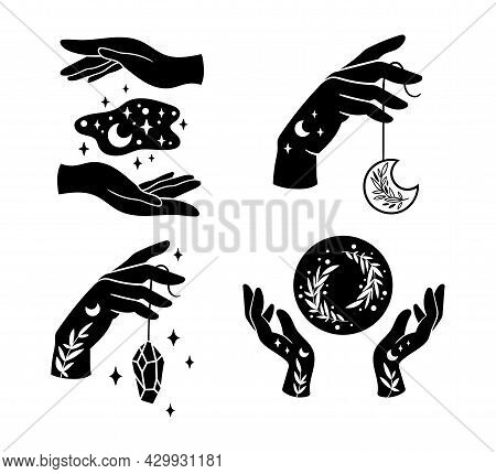 With Hands And Mystical Boho Moon Isolated Cliparts Bundle, Celestial Floral Collection, Moon And Fl