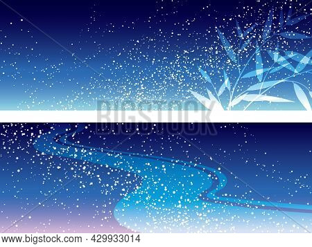 Milky Way And Bamboo Leaves Background Set For The Japanese Tanabata Star Festival, Vector Illustrat