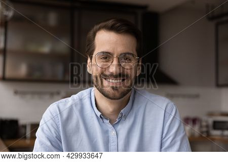 Headshot Profile Picture Young Businessman Sit In Kitchen Webcam View