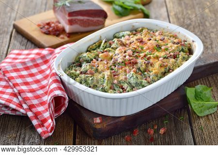 Homemade Traditional South Tyrolean Spinach Spaetzle Made Of Potatoes And Fresh Spinach Leaves, Serv