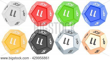 Set Of 12 Sided Die, Dodecahedron Dice, Various Colors. 3d Rendering Isolated On White Background