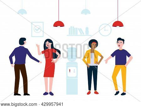 Teamwork Of Colleagues Near The Watercooler Happy Men And Woman Talking And Working Vector Character