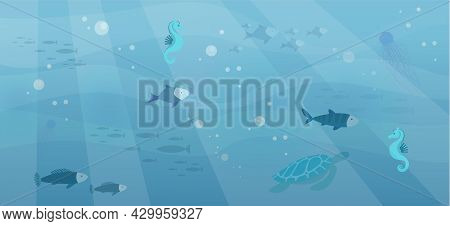 Underwater Ocean Fauna With Fishes, Seaweed, Sea Horses, Mantas, Turtles. Ocean Bottom With Marine L