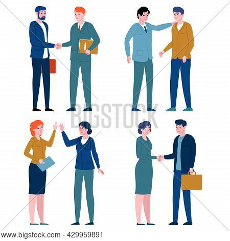 Business Greeting People. Office Employees Greet With Gestures, Corporate Colleagues Shake Hands, Gi