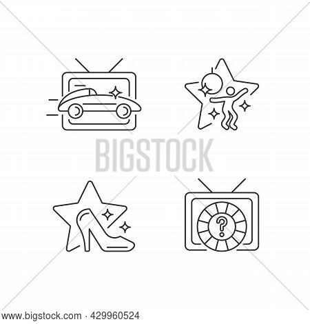 Tv Genres Linear Icons Set. Car Racing Broadcast. Dancing Competition. Game Show. Television Series.