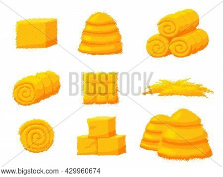 Cartoon Hay. Bale Straw, Isolated Farmers Agriculture Elements. Yellow Dry Grass, Autumn Harvest Sea