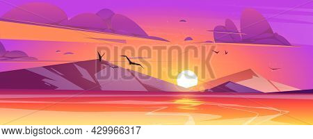 Sunset In Ocean Or Sea Scenery Nature Landscape. Purple Clouds In Orange Sky With Flying Gulls And S