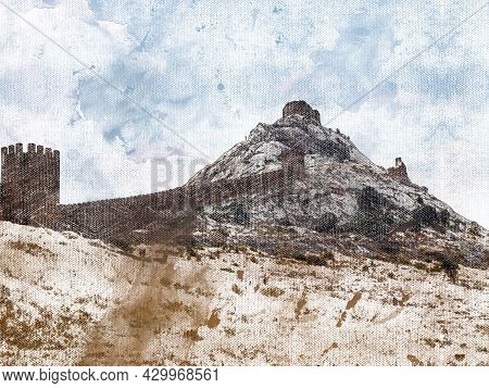 A Genoese Fortress Against The Sky. Medieval Fortification Wall With Watchtowers. Sudak, Crimea. Dig