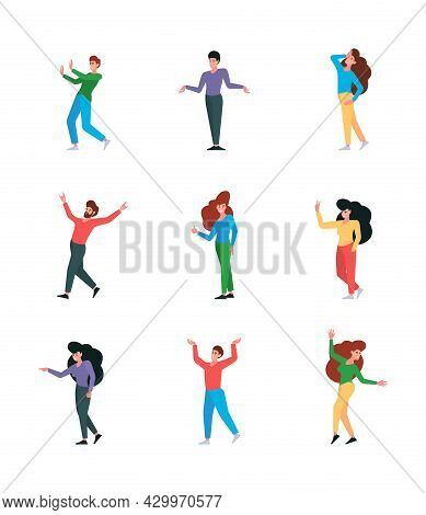People Emotions. Happy Sullen Angry Hate And Contented Flat Characters In Action Poses Garish Vector