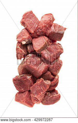 Large Sliced Cubes Of Red Meat Beef Or Pork, A Portion Of Igredient For Cooking Or Diain Packaging. 
