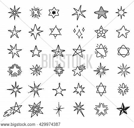 Hand Drawn Stars Doodle, Cute Star Sketch Drawing. Shooting Stars And Shining Sparkles Line Scribble