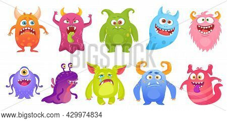 Cute Monster Characters Smiling, Funny Aliens And Creatures. Cartoon Goblin, Ghost, Alien. Scary Mon