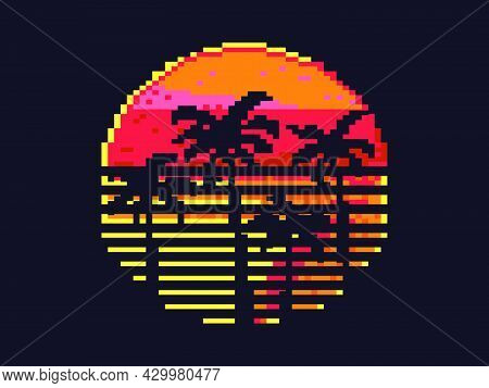 Pixel Art Palm Trees At Sunset In 80s Style. 8-bit Sun Synthwave And Retrowave. Retro 8-bit Video Ga