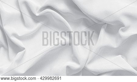 Blank White Crumpled Fabric Material Mock Up, Top View, 3d Rendering. Empty Softness Silk Or Canvas 