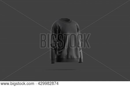 Blank Black Women Sweatshirt Mockup, Dark Background, 3d Rendering. Empty Female Tolstovka Or Hoodie
