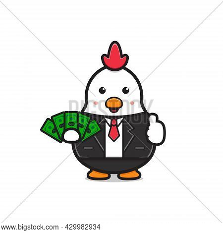 Cute Chicken Boss Holding Money Cartoon Icon Illustration. Design Isolated Flat Cartoon Style