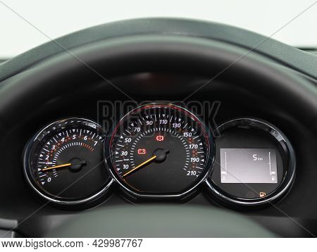 Novosibirsk, Russia - July 15, 2021:   Renault Logan Crossway, Black Car Speedometer. Close Up Shot 