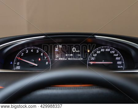 Novosibirsk, Russia - July 15, 2021:   Toyota Sienta, Black Car Speedometer. Close Up Shot Of The Da