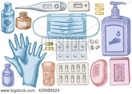 Vector Set Of Hand Drawn Pastel Pills And Medicines, Medical Face Mask, Sanitizer Bottles, Medical T