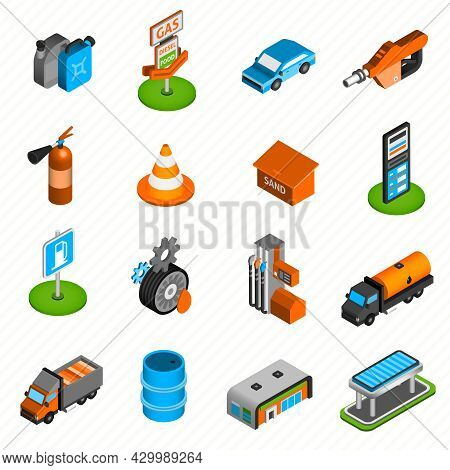 Gas Diesel Station Isometric Icons Collection Of Fuel  Pump Nozzle And Fire Extinguisher Abstract Is