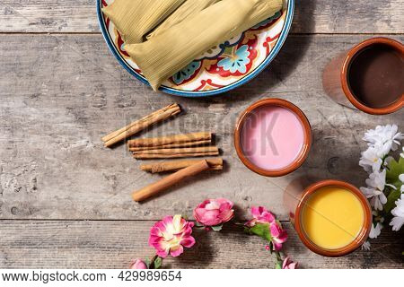 Traditional Mexican Atole Drink On Wooden Table. Top View. Copy Space