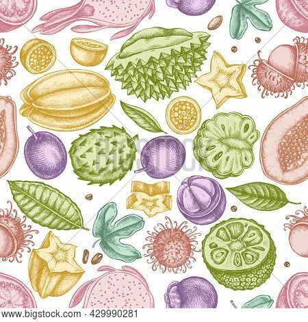 Seamless Pattern With Hand Drawn Pastel Papaya, Guava, Passion Fruit, Starfruit, Durian, Rambutan, P