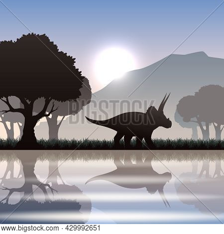 Triceratops Dinosaur Silhouette In Scenic Landscape With Lake Mountain And Giant Trees Vector Illust