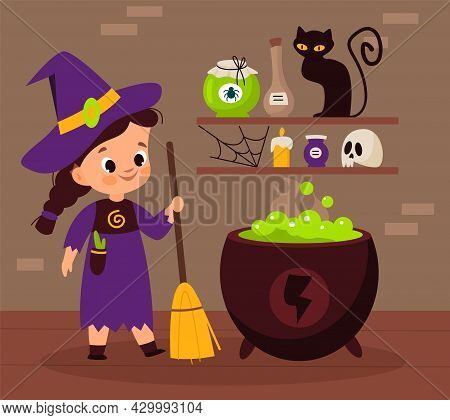 Halloween Witch. Sorceress Brewing Magic Potion In Cauldron. Cartoon Enchantress Holding Broom. Pot 