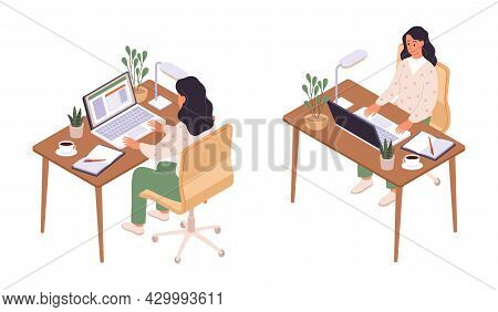 Isometric Online Education. Women Sitting At Computer, Back And Face View, Pupil Personal Workplace,