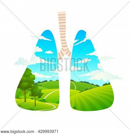 Breathe Fresh Air. Forest Is Lungs Of Planet. Cartoon Nature Landscape. Scenic Green Field And Clear