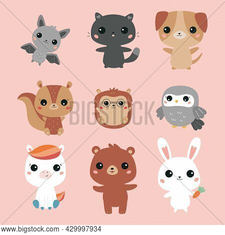 Vector Set Of Kawaii Animals. Cute Cartoon Bat, Cat, Dog, Squirrel, Hedgehog, Owl, Pony, Bear And Bu