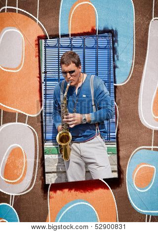 Young saxophonist plays on her sax with bright emotions in the street. Serbia.