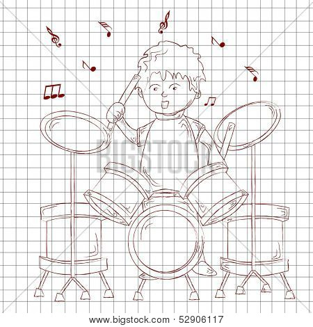Musical background with sketch of a little boy playing drums on paper.