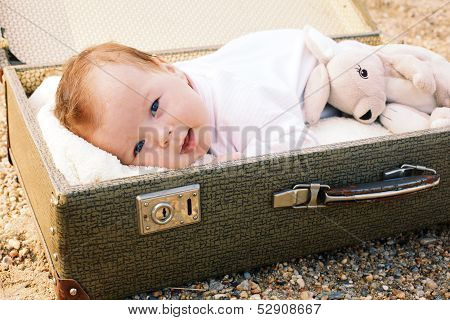 baby lying in a suitcase with a toy