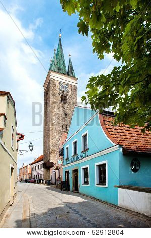 TELC/CZECH REPUBLIC - MAY 10: Holy Spirit Lutheran Church and restaurant in blue colour in Telc